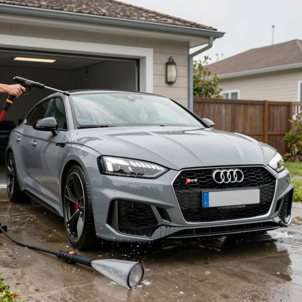 A friendly detailer carefully cleaning a shiny car parked in a residential driveway.