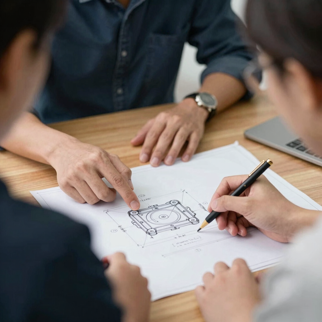 An engineer reviewing blueprints with a client in a bright workshop.