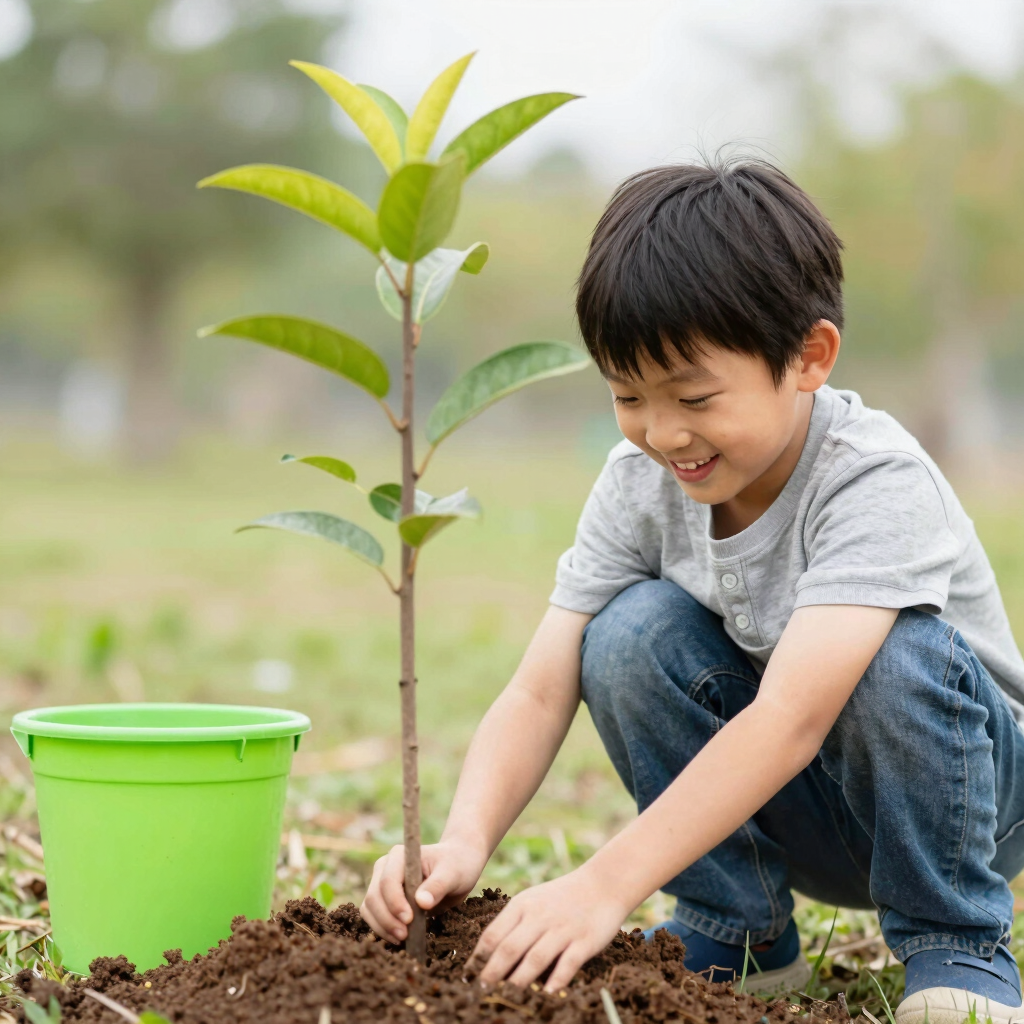 girl wearing blue romper holding teal watering can