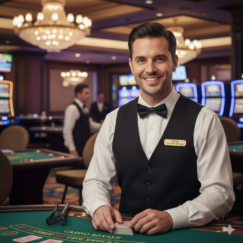 Smiling Male Casino Dealer in tuxedo