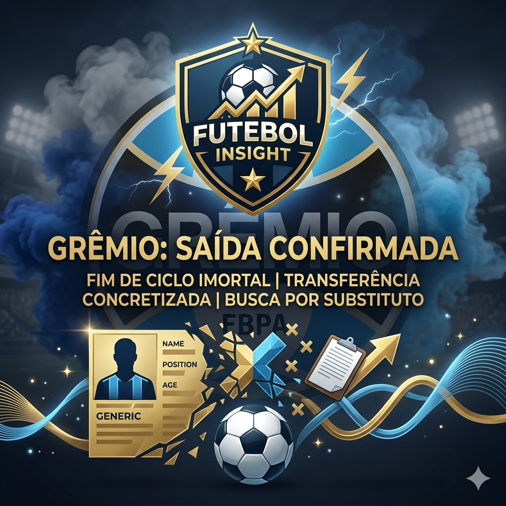 Banner portal Futebol Insight com título "Grêmio: Saída Confirmada", ícone perfil fragmentado, bola futebol e escudo Grêmio