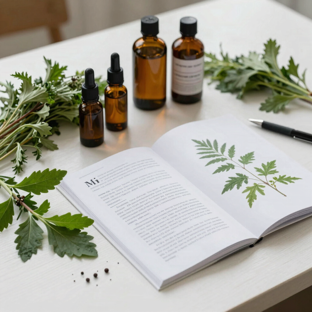 Table display featuring an open herbal book with plant information, amber tincture bottles filled wi