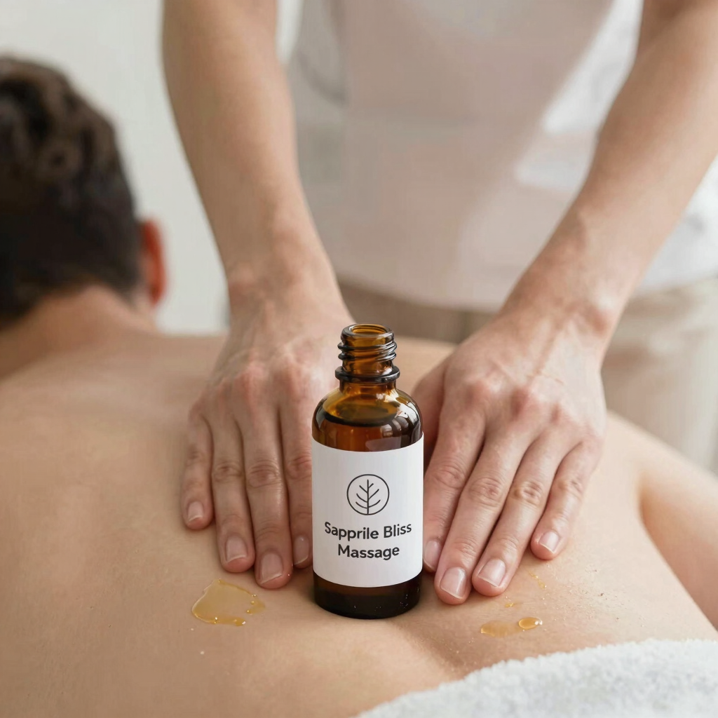 Close-up of hands gently massaging a client's back with aromatic oils in a softly lit spa room.