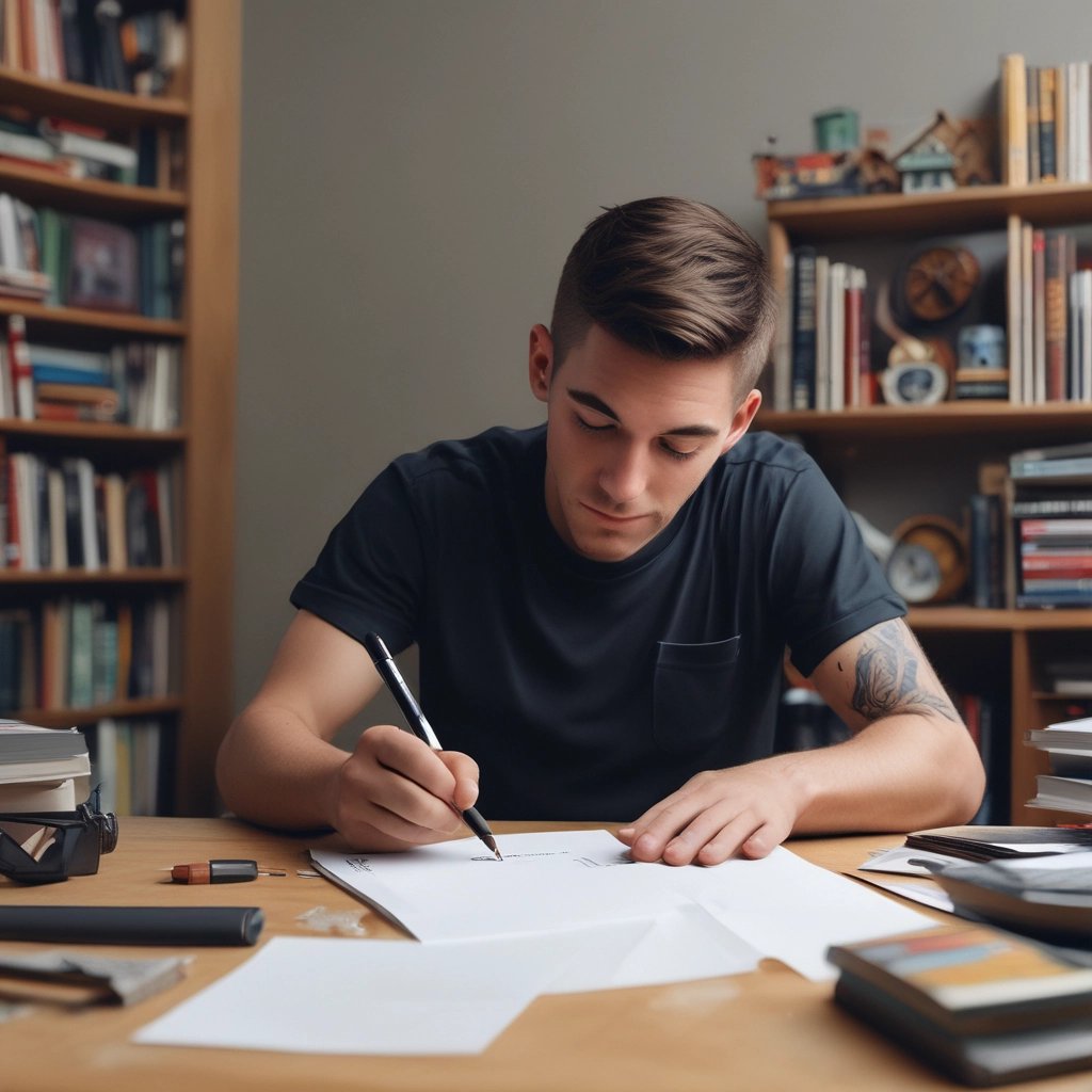 a man riding a skateboard down a street next to tall buildings