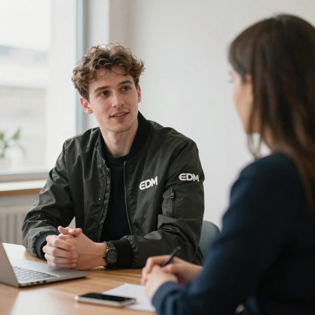 A friendly electrician from EDM Bau discussing plans with a client in a bright, modern workspace.