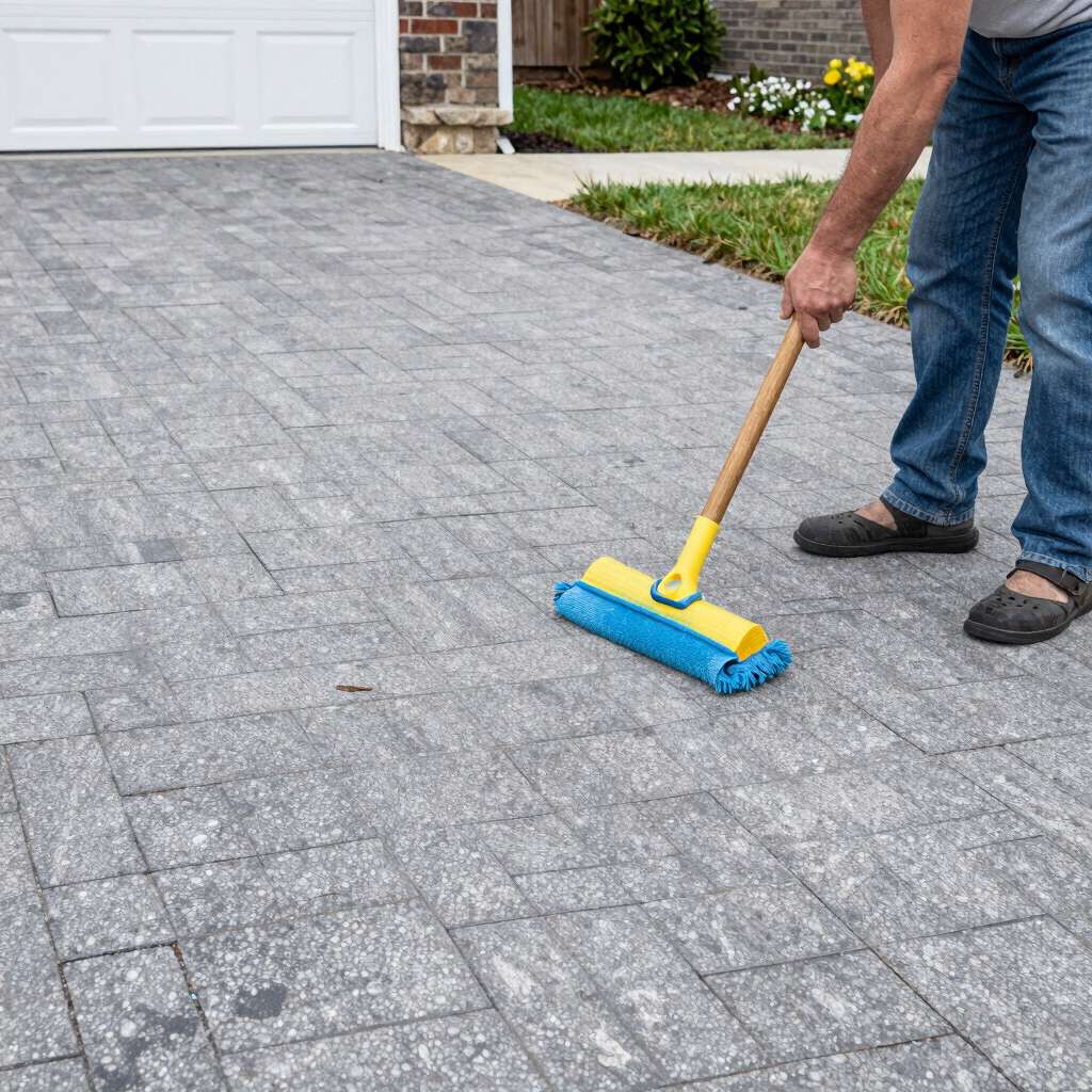 A friendly construction worker holding blueprints in front of a partially built wall under a clear sky.