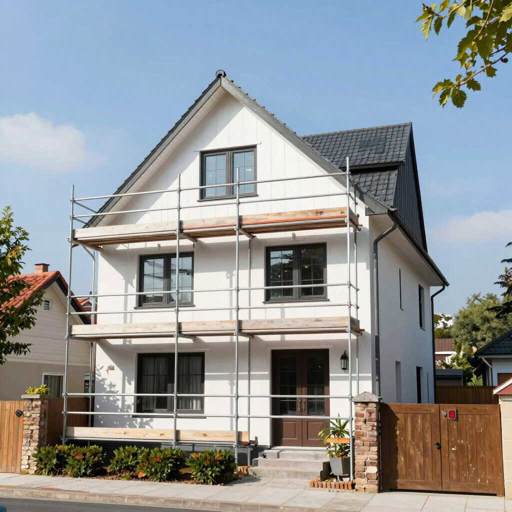 Mason smoothing a freshly built stone wall with a trowel.