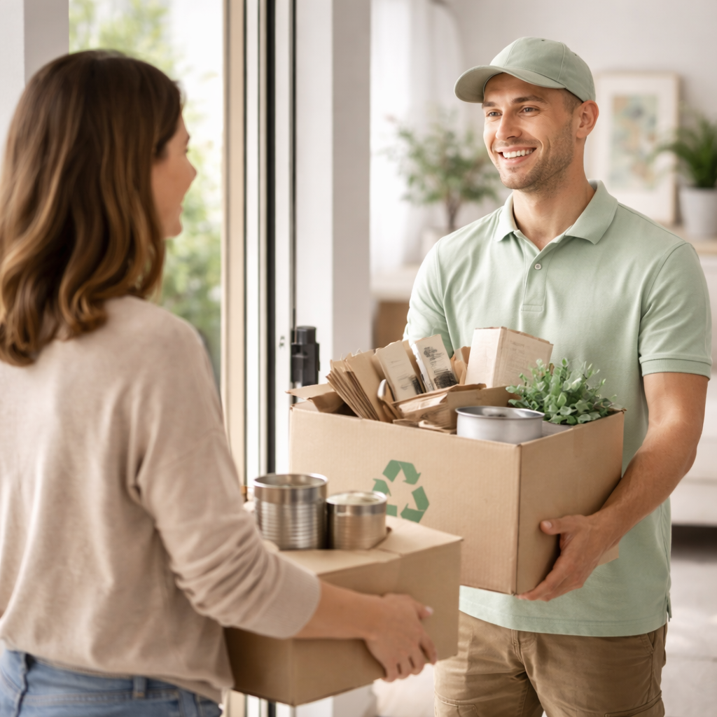 Operatore di ritiro consegna e ritira scatole di oggetti da smaltire da una persona sulla porta di casa