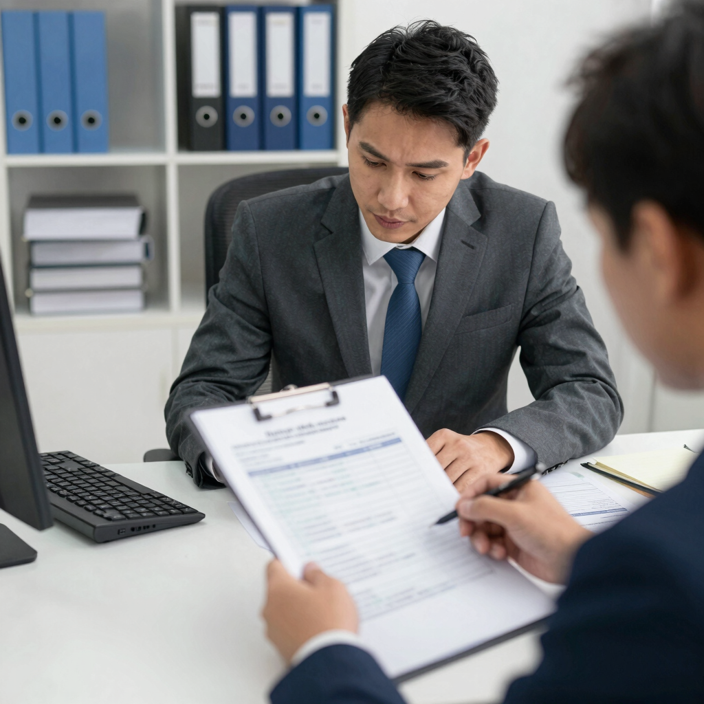A friendly consultant discussing tax and finance strategies with a small business owner in a modern minimalist workspace.