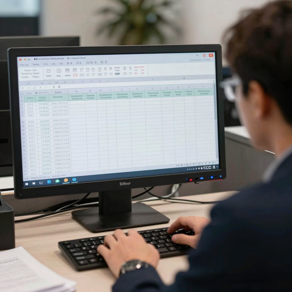 A professional accountant working on financial documents with a calculator and laptop at a clean, light blue-themed office desk.