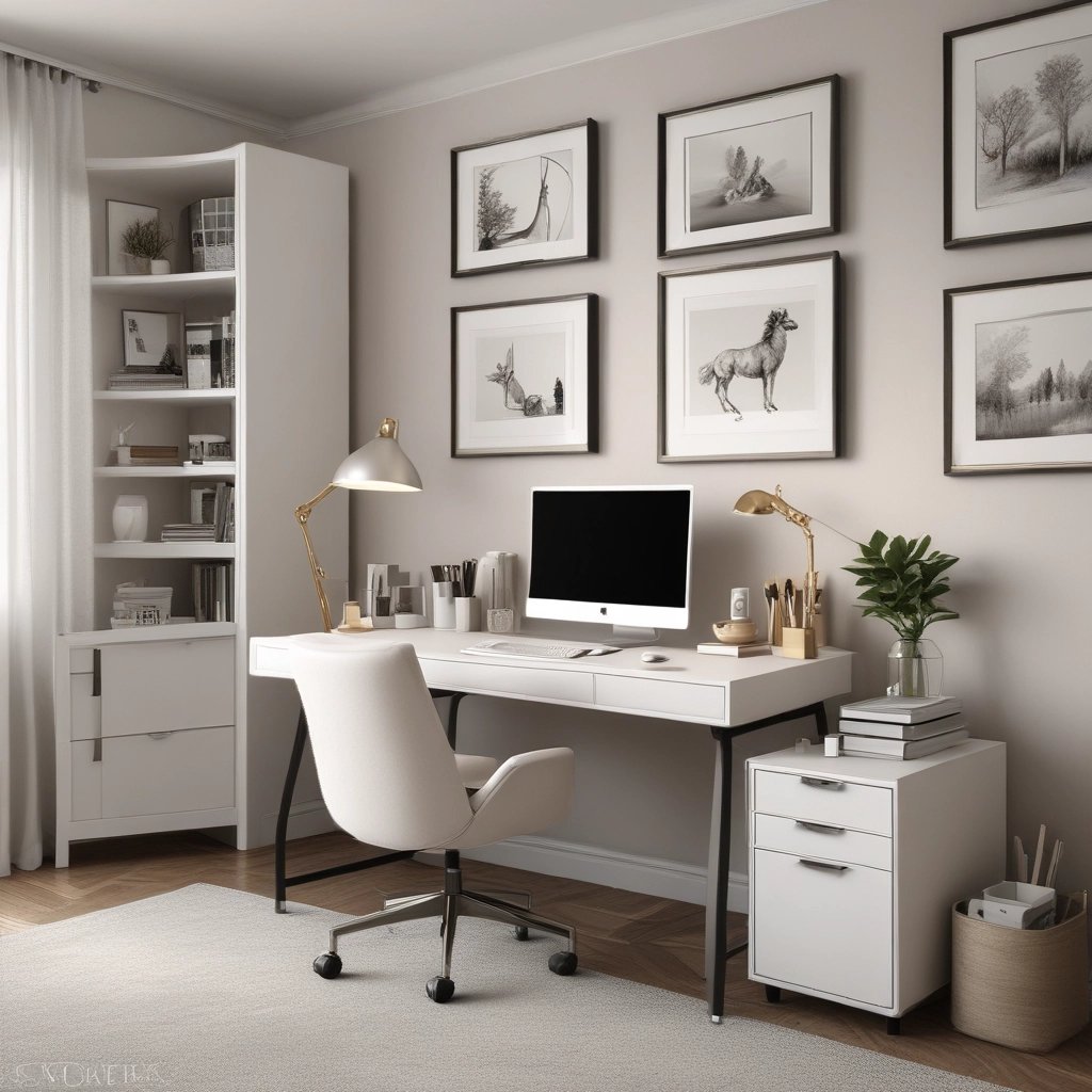 A cozy workspace with a laptop, a cup of tea, and soft cream-colored decor reflecting a warm, welcoming vibe.