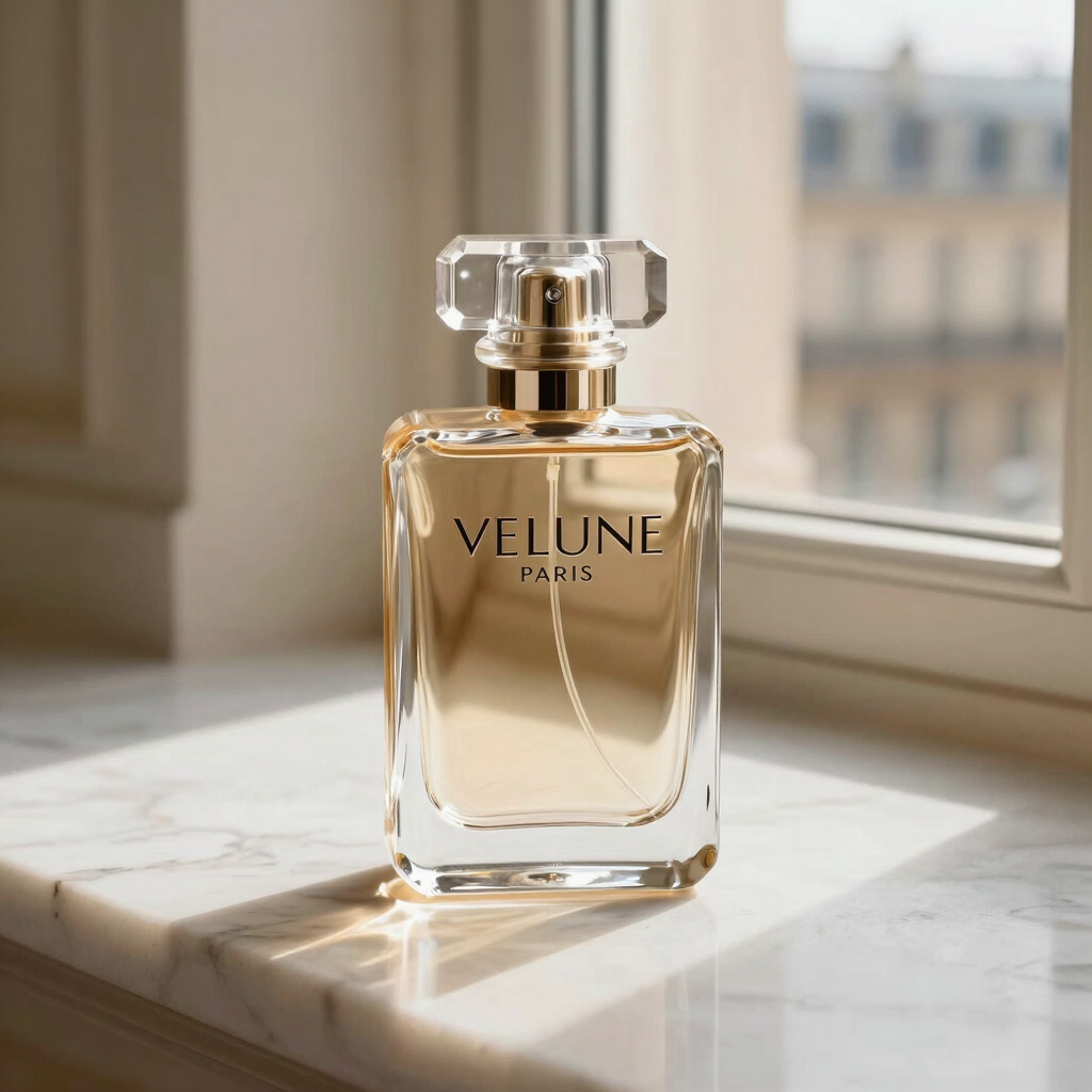 Velune Paris luxury perfume bottle on elegant marble surface