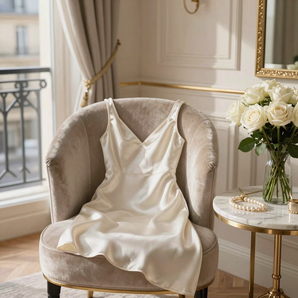 Luxury Parisian apartment with silk dress and pearl jewelry Velune Paris lifestyle