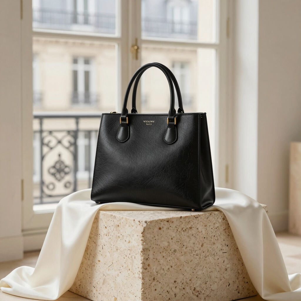 Velune Paris women's structured black leather tote handbag with gold hardware luxury fashion