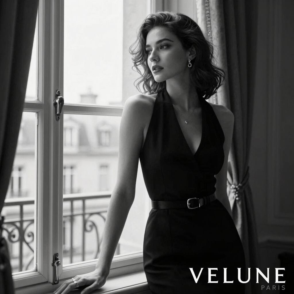 Elegant woman in timeless fashion Velune Paris luxury women's collection