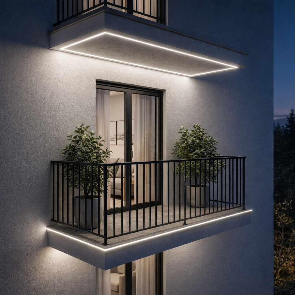 Detalle de fachada: perfil LED de empotrar en voladizo y luz indirecta.