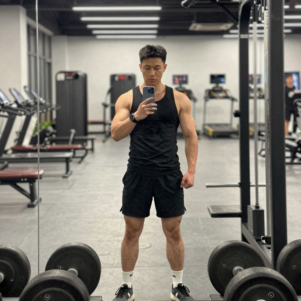 Happy person checking workout progress on a smartphone app at home.