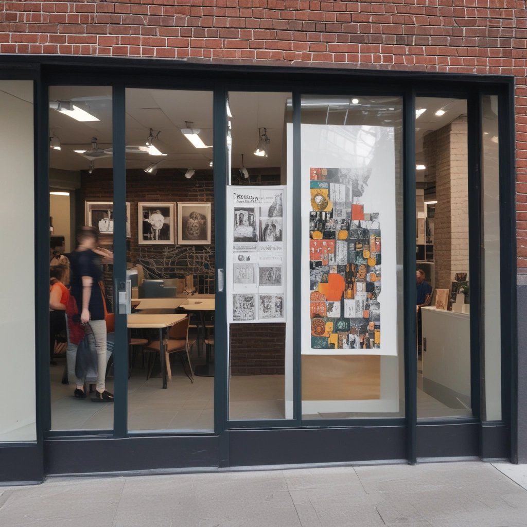 Smiling barista in apron holding a coffee cup, standing behind the counter of a cozy, modern cafe with indoor seating