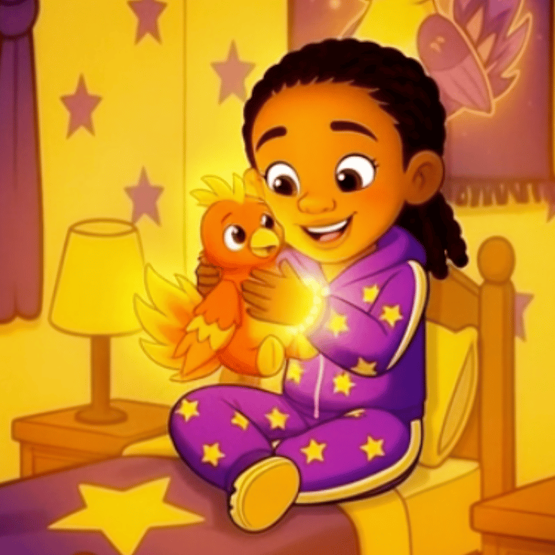a young girl sitting on a bed holding her plushie phoenix
