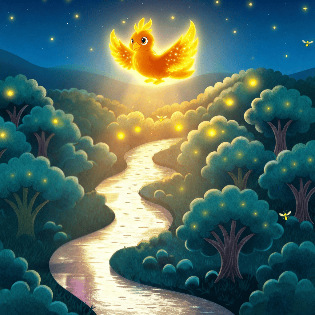 The glowing magical phoenix, Xenaya flying over the Norriewood landsacpe