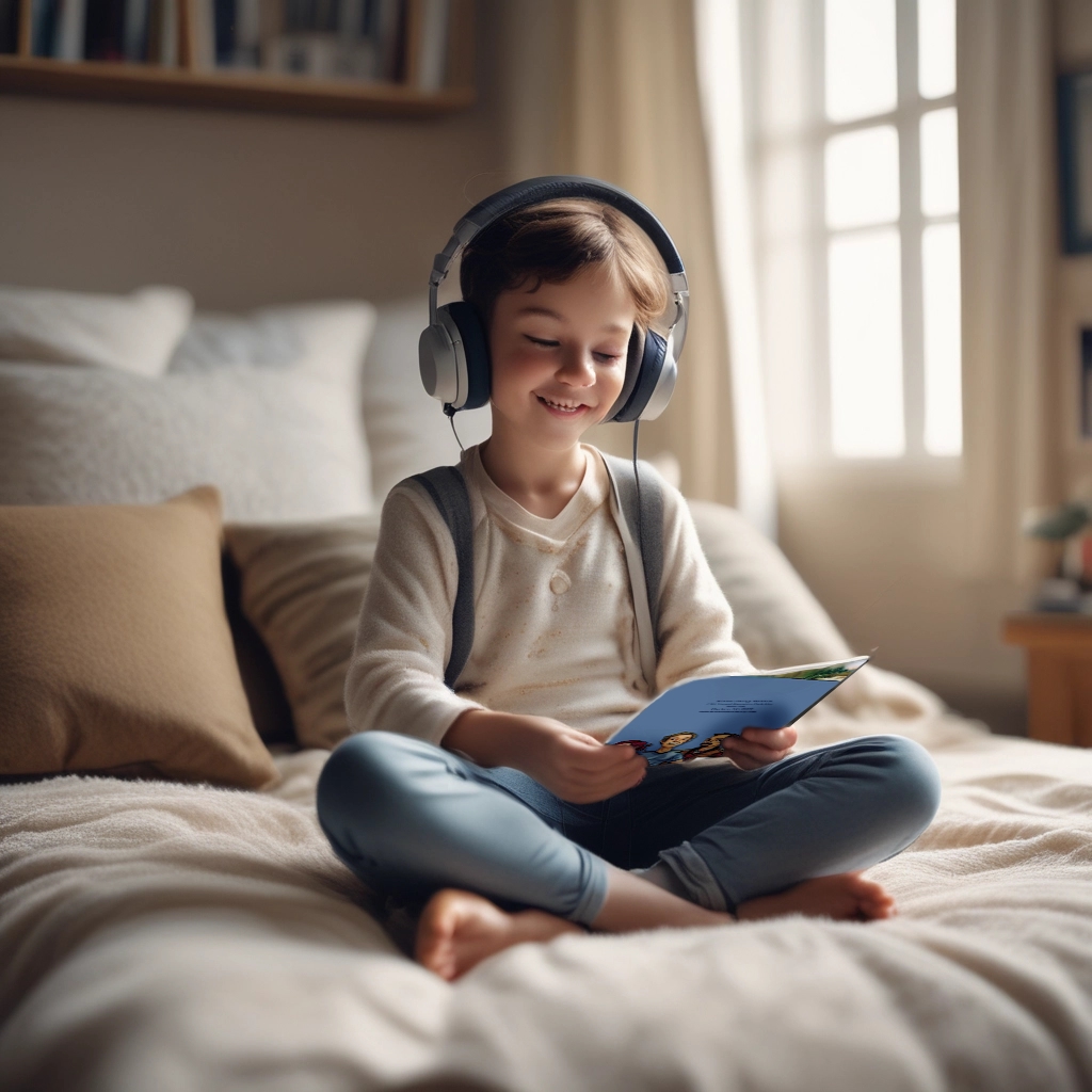 a young boy wearing headphones looking at the journal