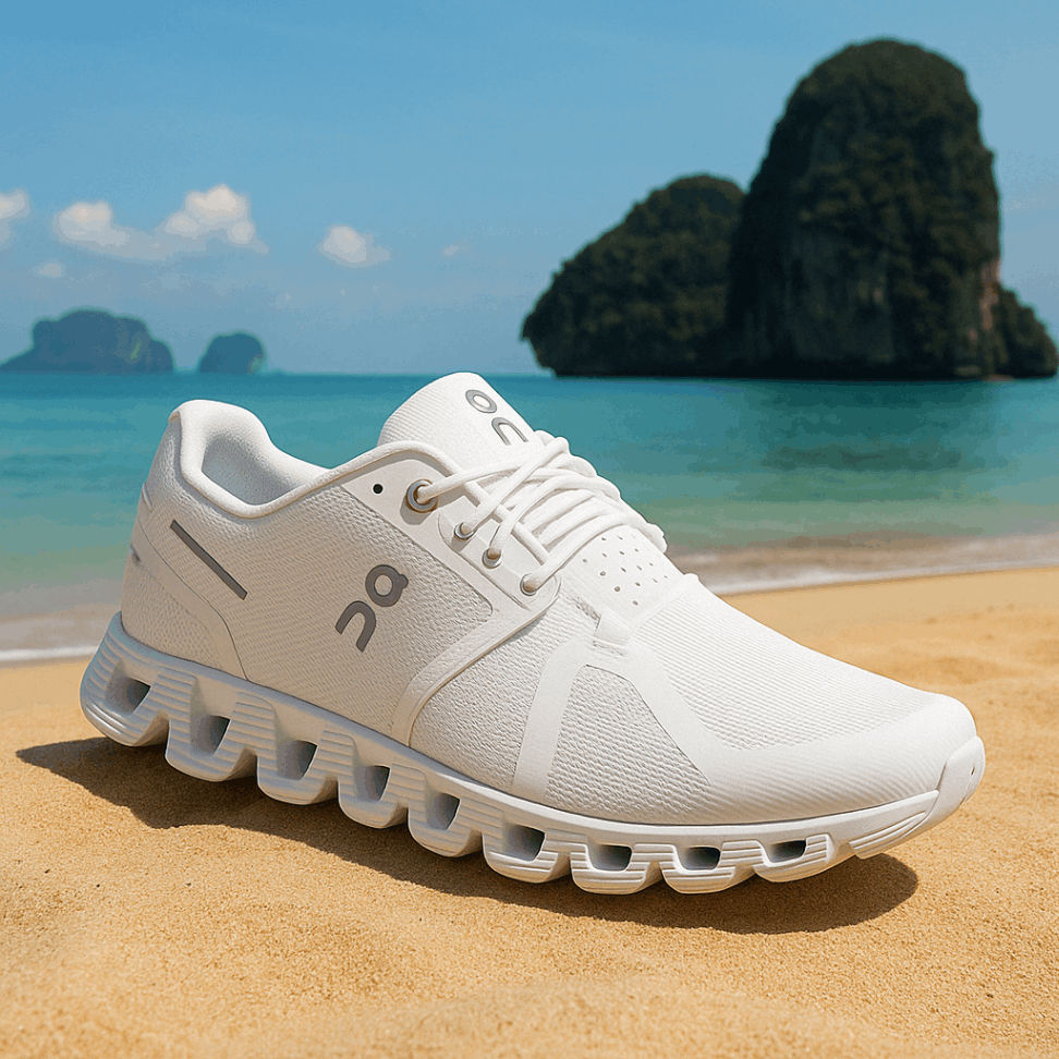 ON Men's Cloud 5 Sneakers on a beach with turquoise waters in the background