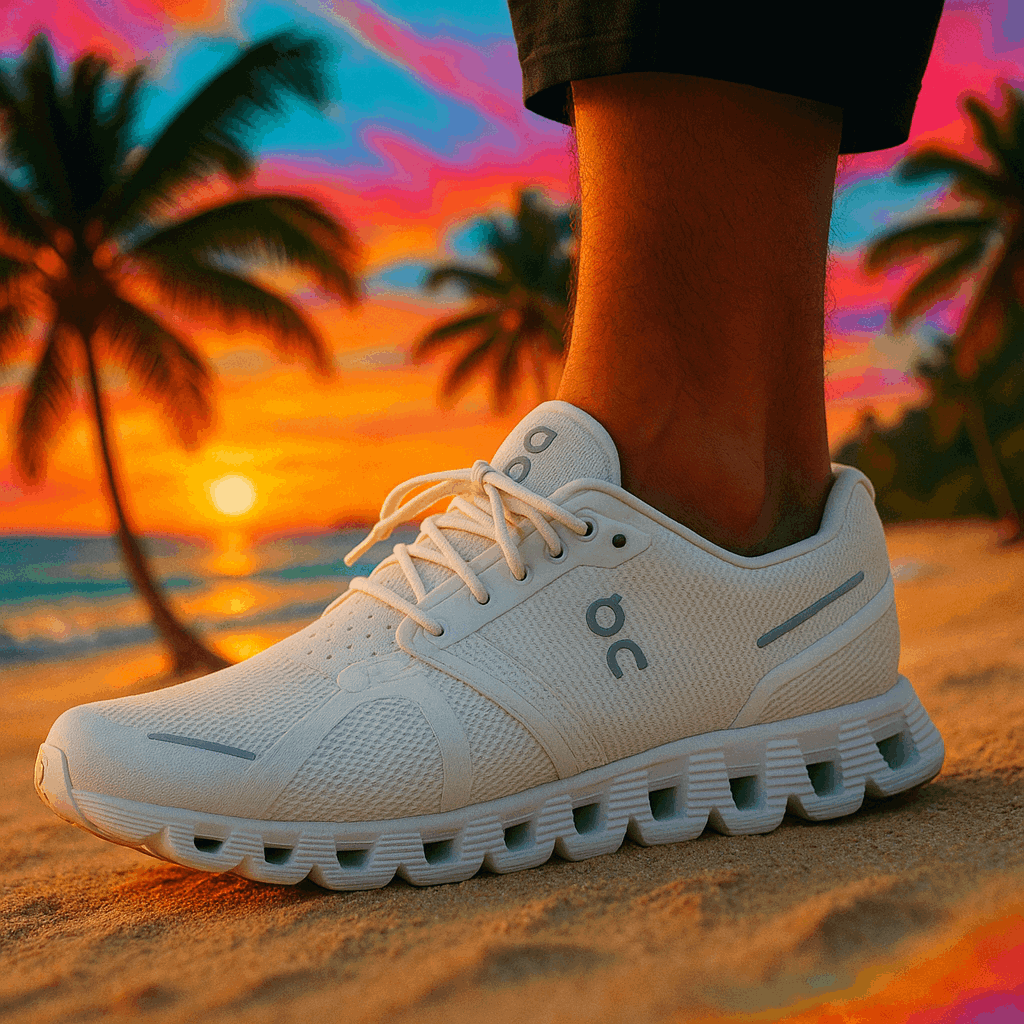 On Men's Cloud 5 sneakers on the beach at sunset