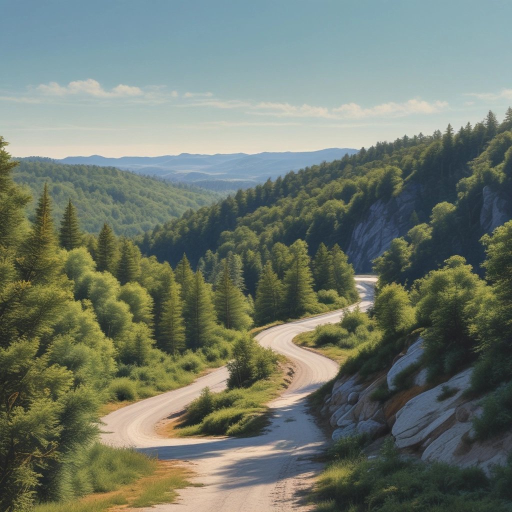 A landscape with a winding road gently sloping upwards