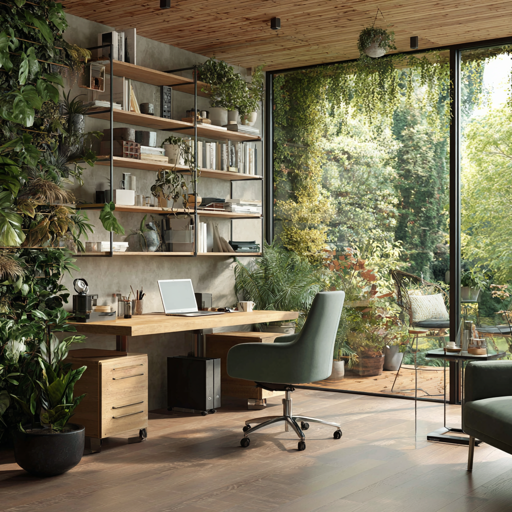 a home office, a wooden floor and a large window facing a garden