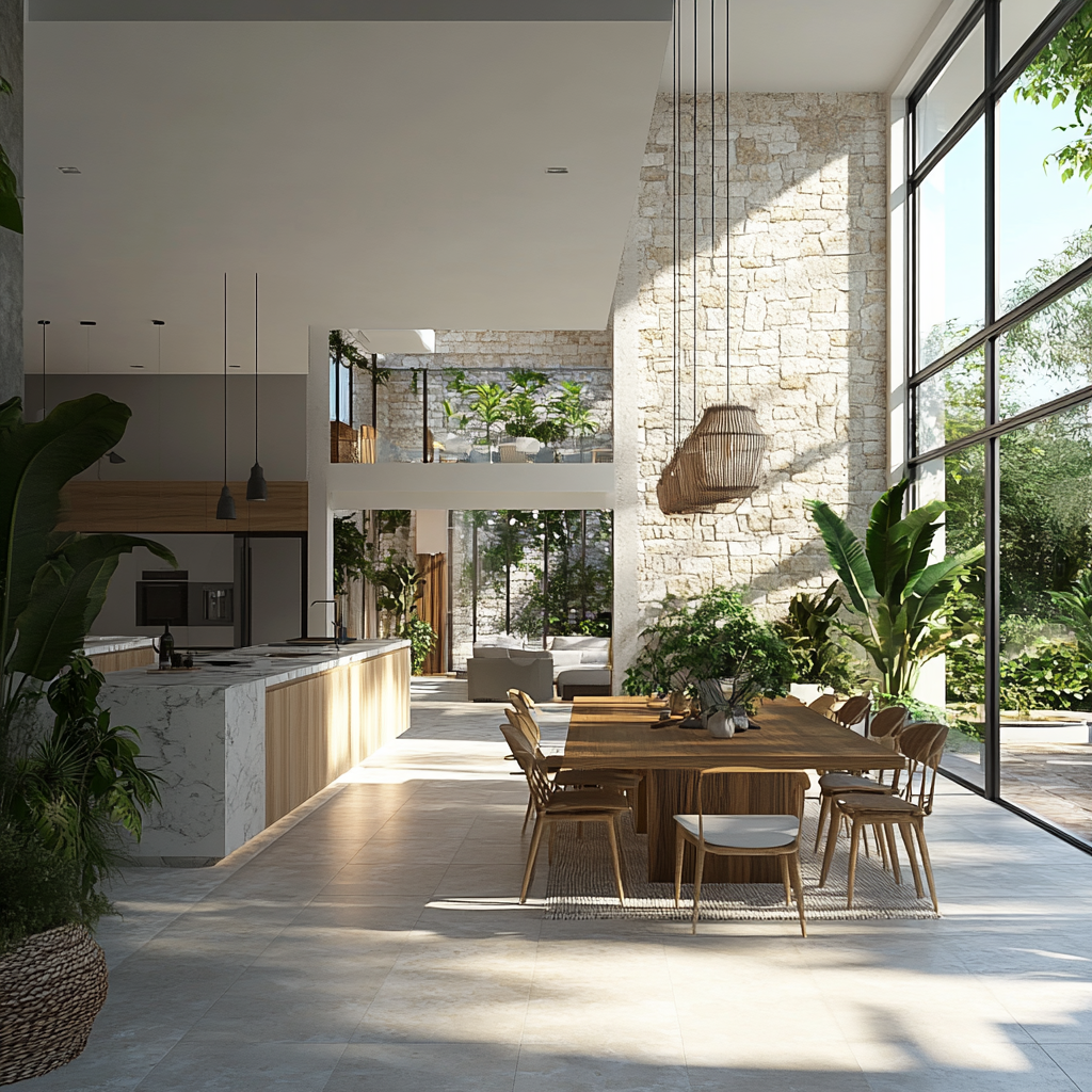 an open space with a kitchen island and a table and chairs