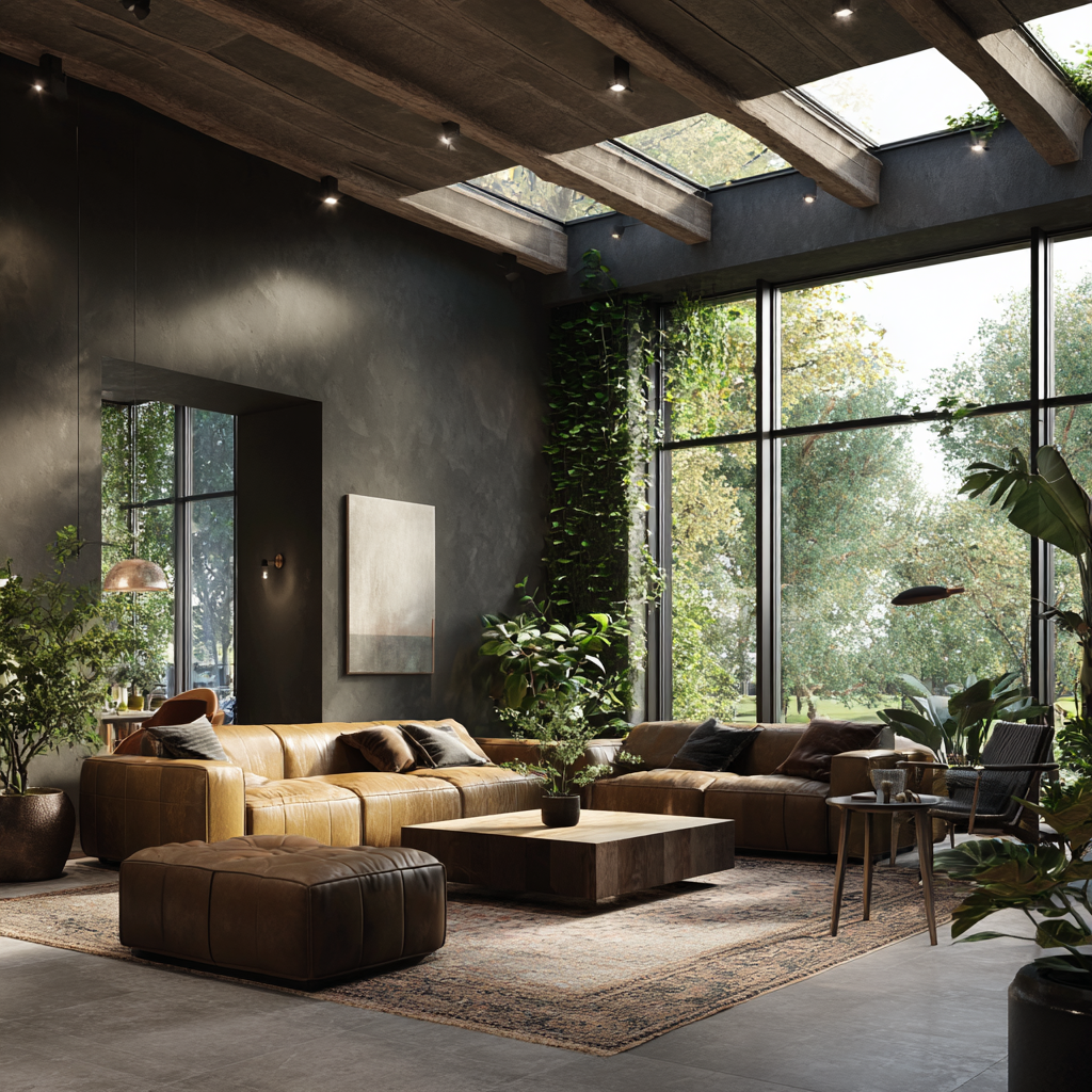 a living room with a couch and a large window and many plants