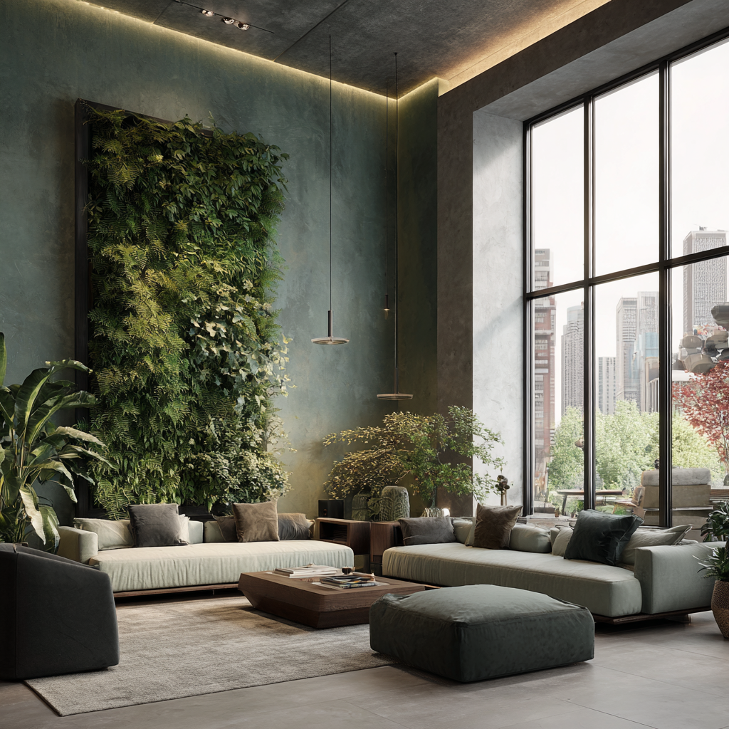 a living room with a couch and a green wall