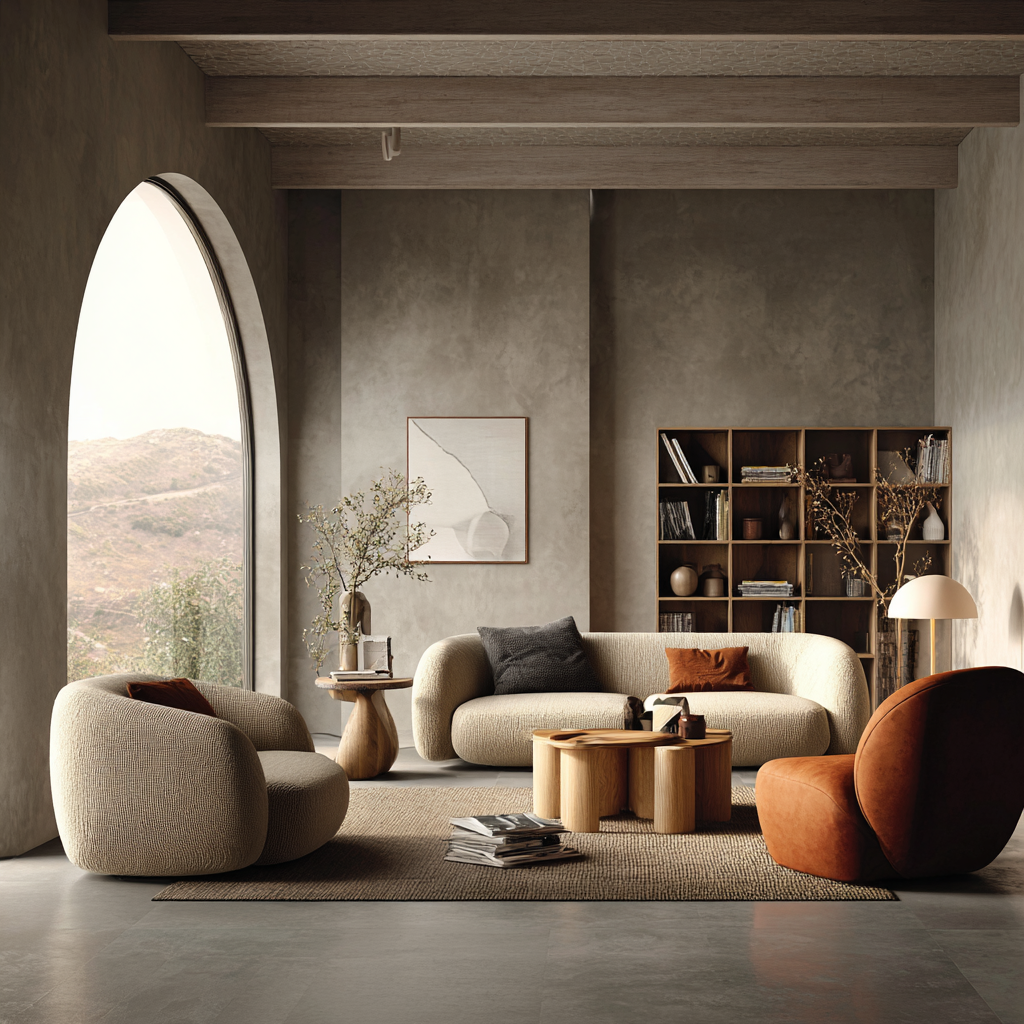 a living room with a couch, a library and a chair