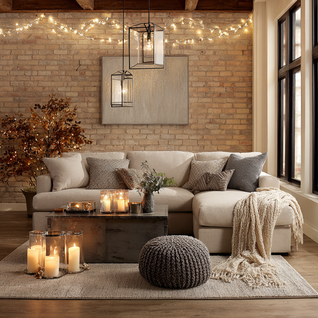 a living room with lanterns, candles and autumn atmosphere