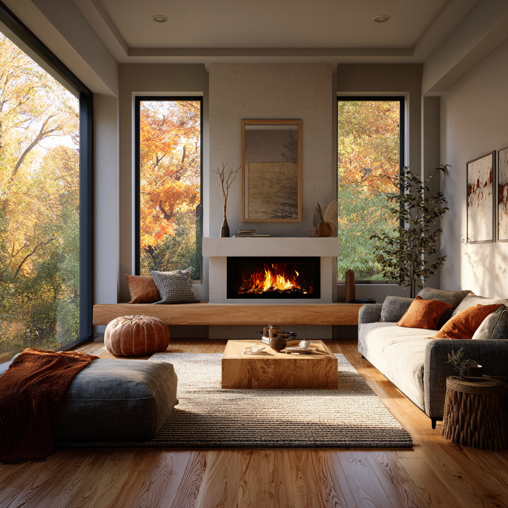 a living room with a fireplace and fall decor