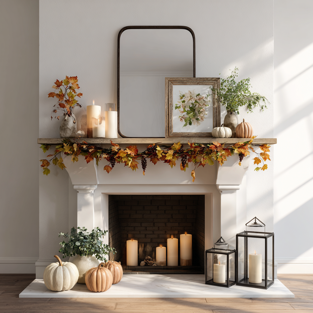 a fireplace with candles and garland on a mantle