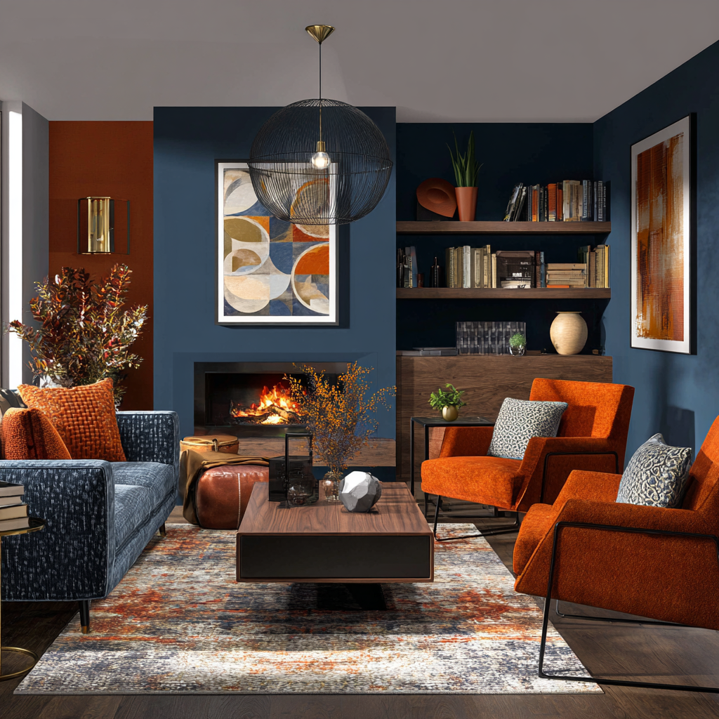 a living room with blue and dark orange hues