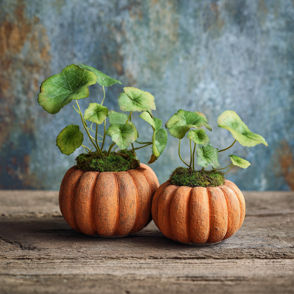 two small pumpkins with plants growing in them