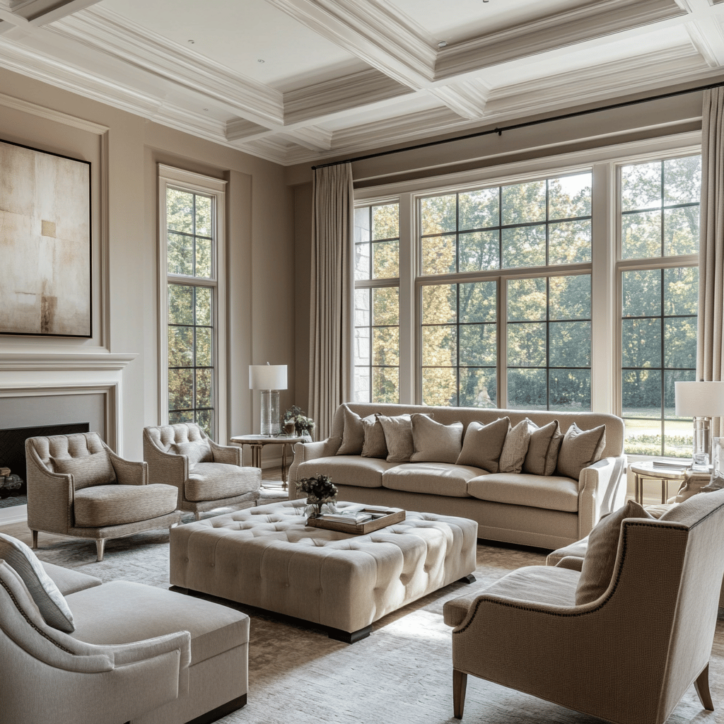 a living room with a couch and accent chairs