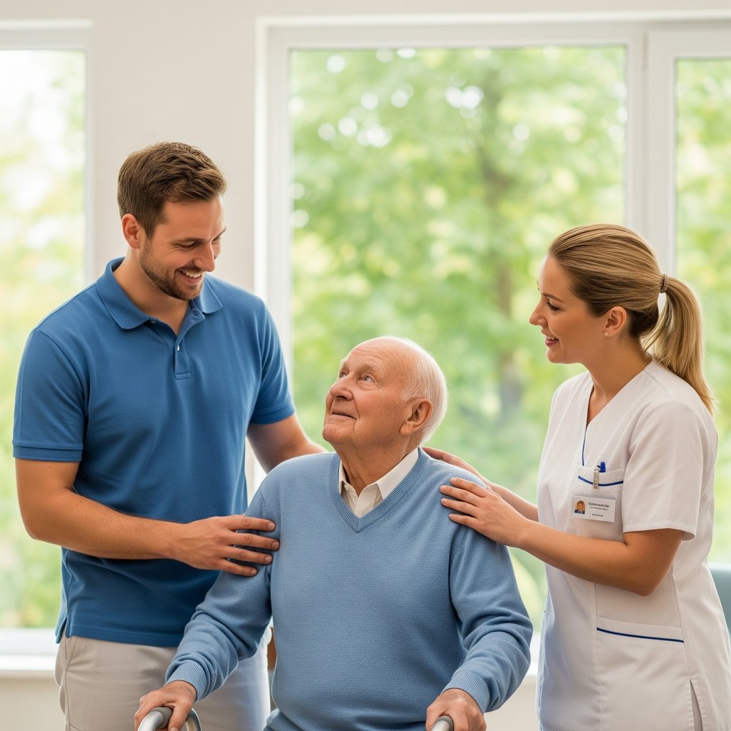 Two healthcare professionals provide support and care for an elderly man using a walker in a bright nursing facility.
