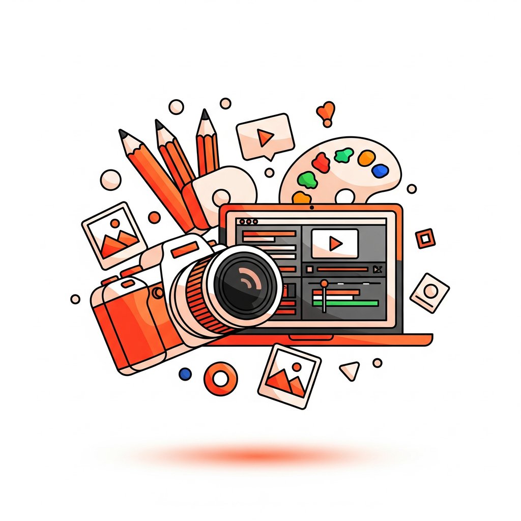Ilustrasi modern pembuatan konten dengan latar belakang putih. Gambar tersebut menampilkan kamera, laptop dengan layar penged