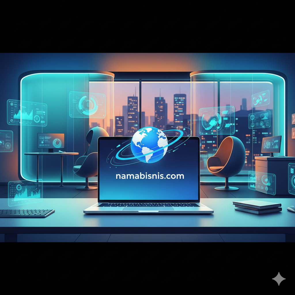 Ilustrasi sebuah laptop modern dengan layar menampilkan nama domain "namabisnis.com" dan sebuah ikon globe yang berputar.