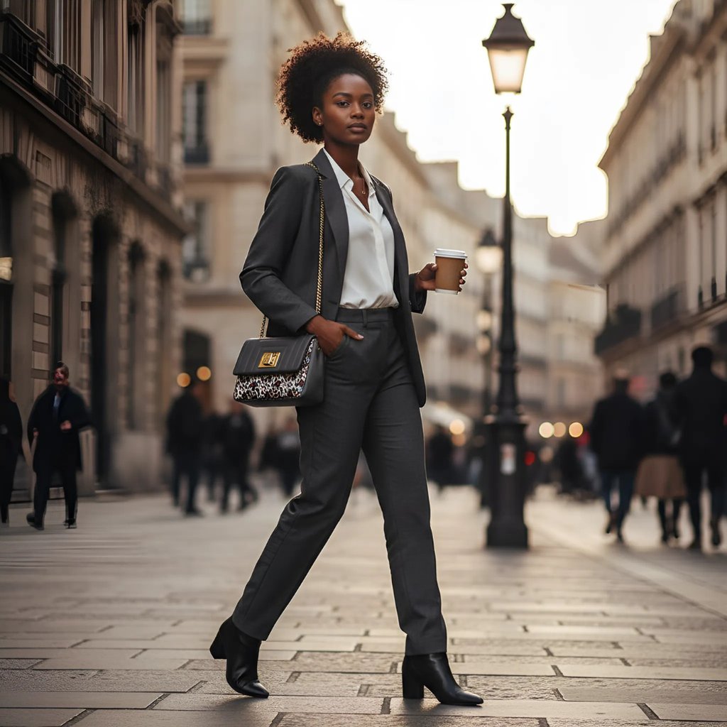 a woman in a suit and heels walking down a street