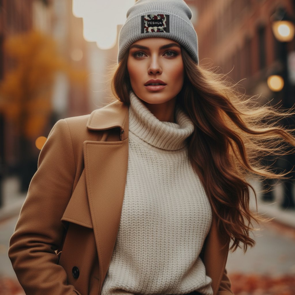 A chic outfit featuring a camel coat, cream sweater, black trousers, and YESHUA boots and beanie