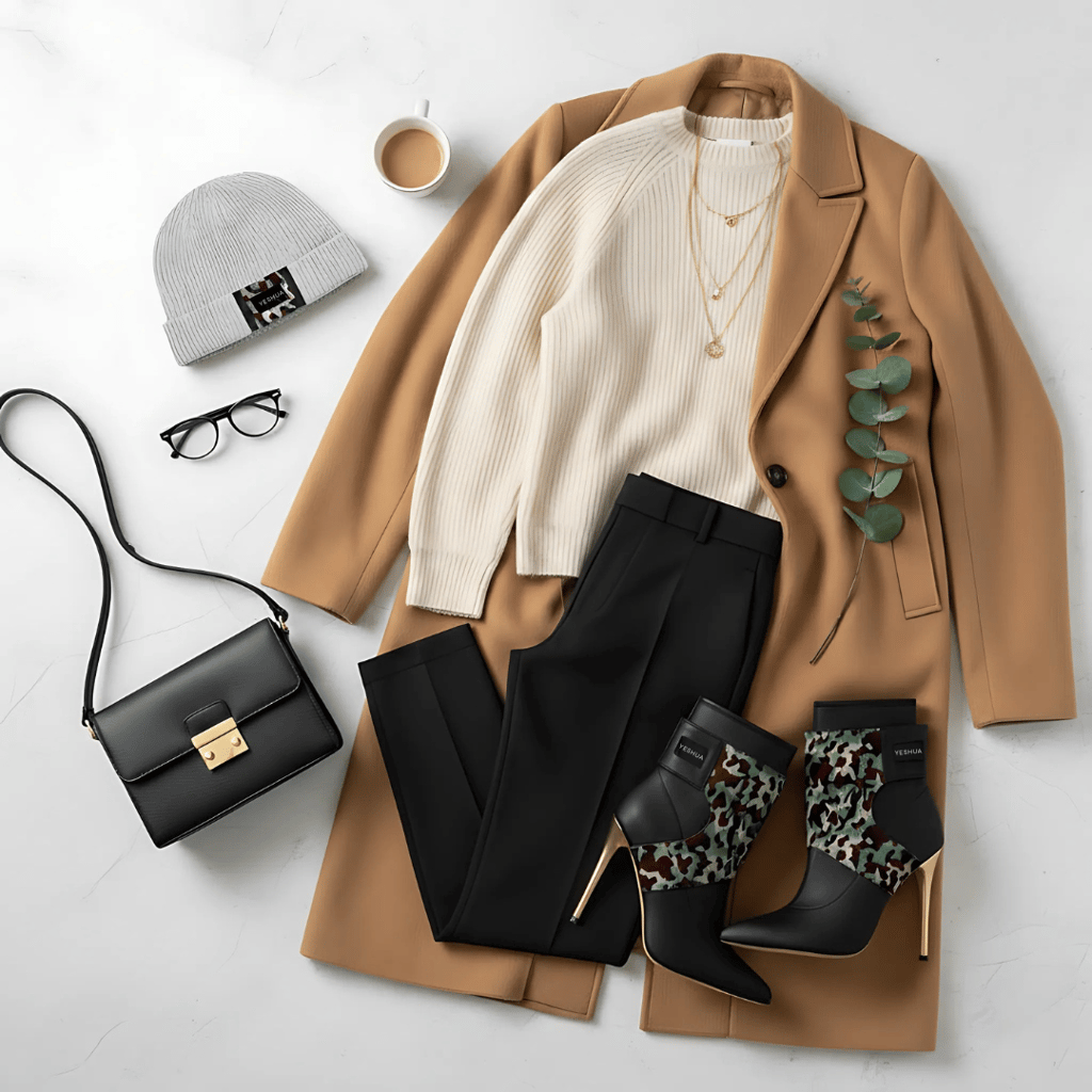 A chic outfit featuring a camel coat, cream sweater, black trousers, and YESHUA boots and beanie