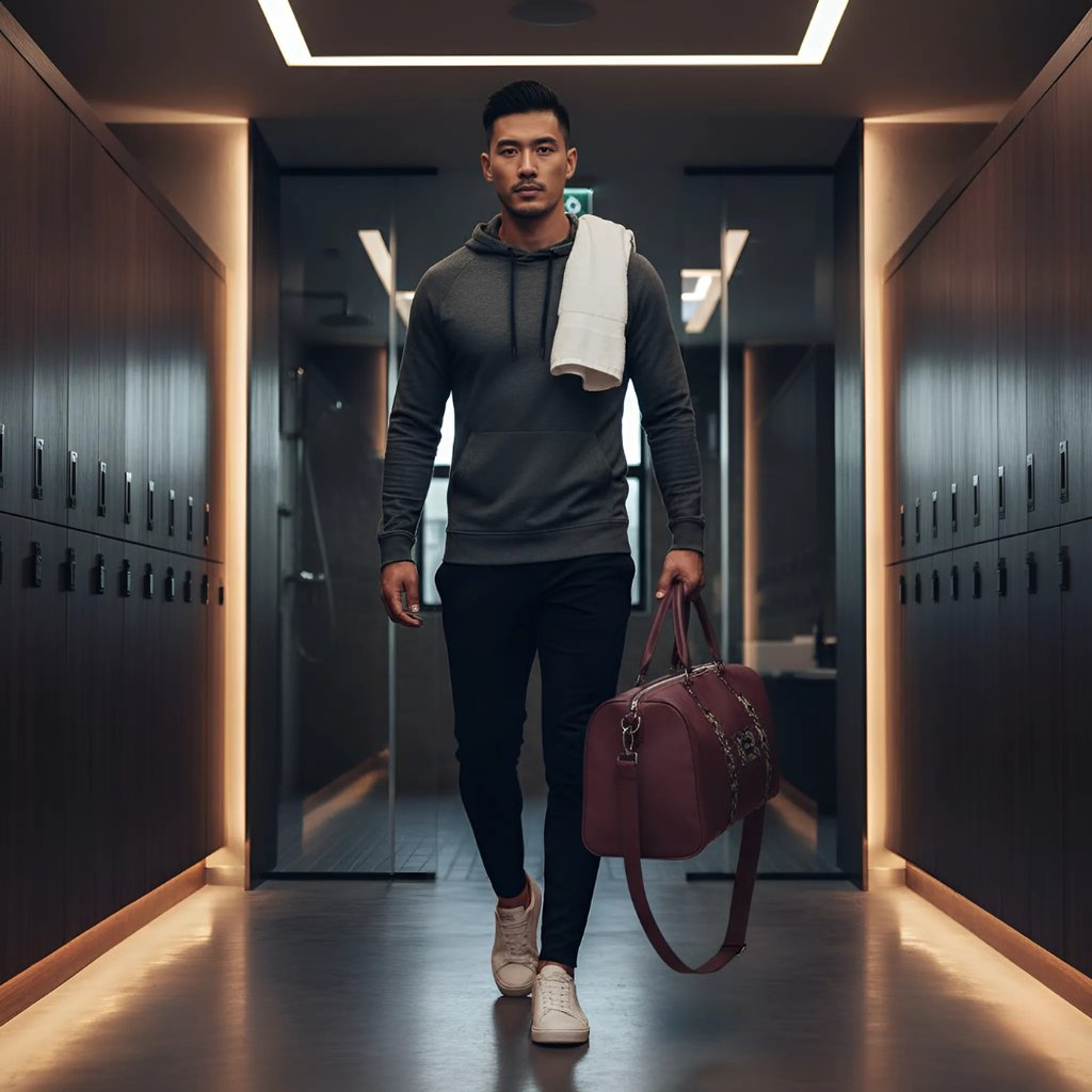a man in a gray hoodie and a gym bag