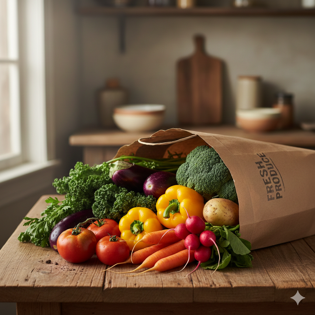 Sac de papier rempli de légumes