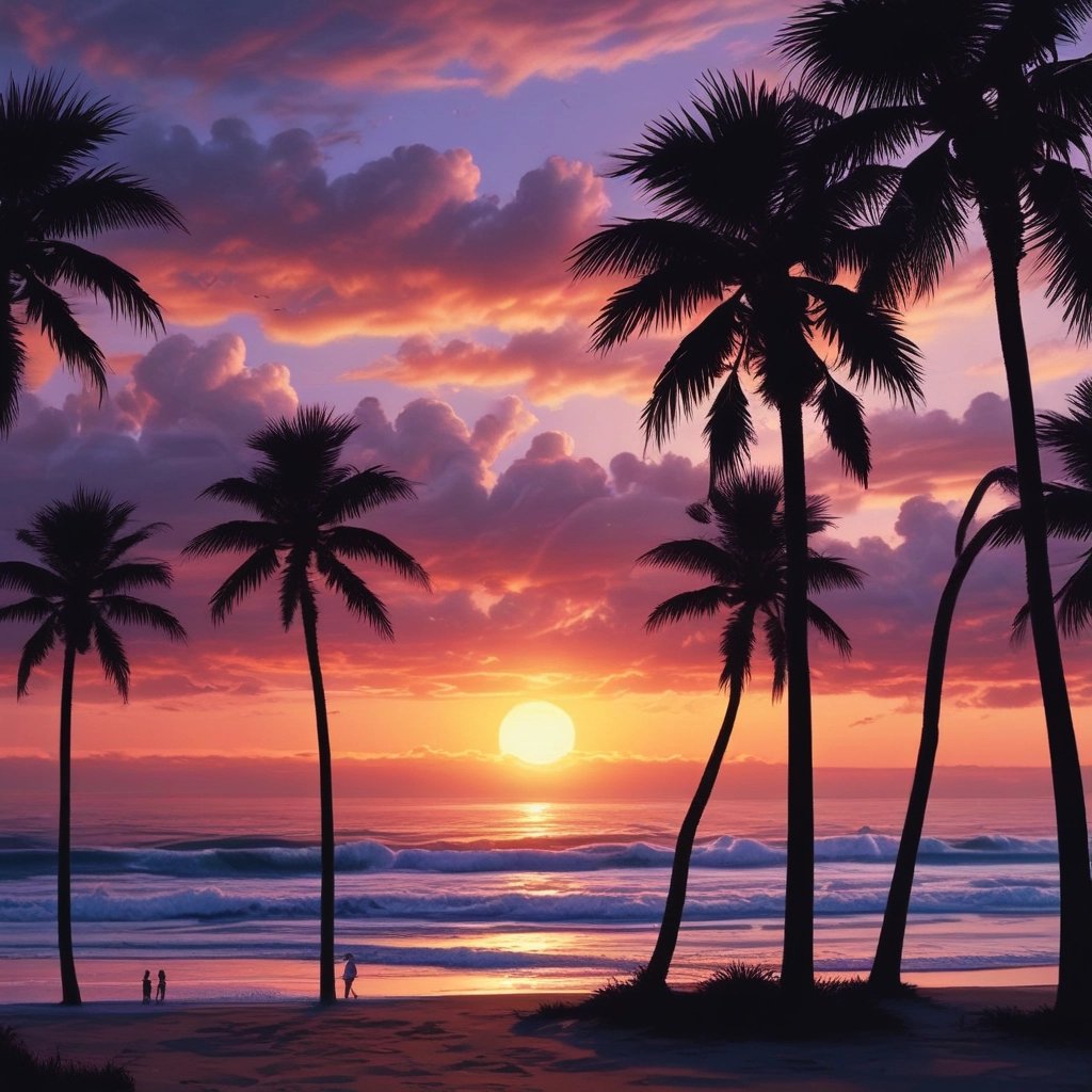 A family stands on a boardwalk by the water, silhouetted against a dramatic sky with large, fluffy clouds. Palm fronds are visible on the left, and overwater bungalows are seen in the background, evoking a tropical paradise.