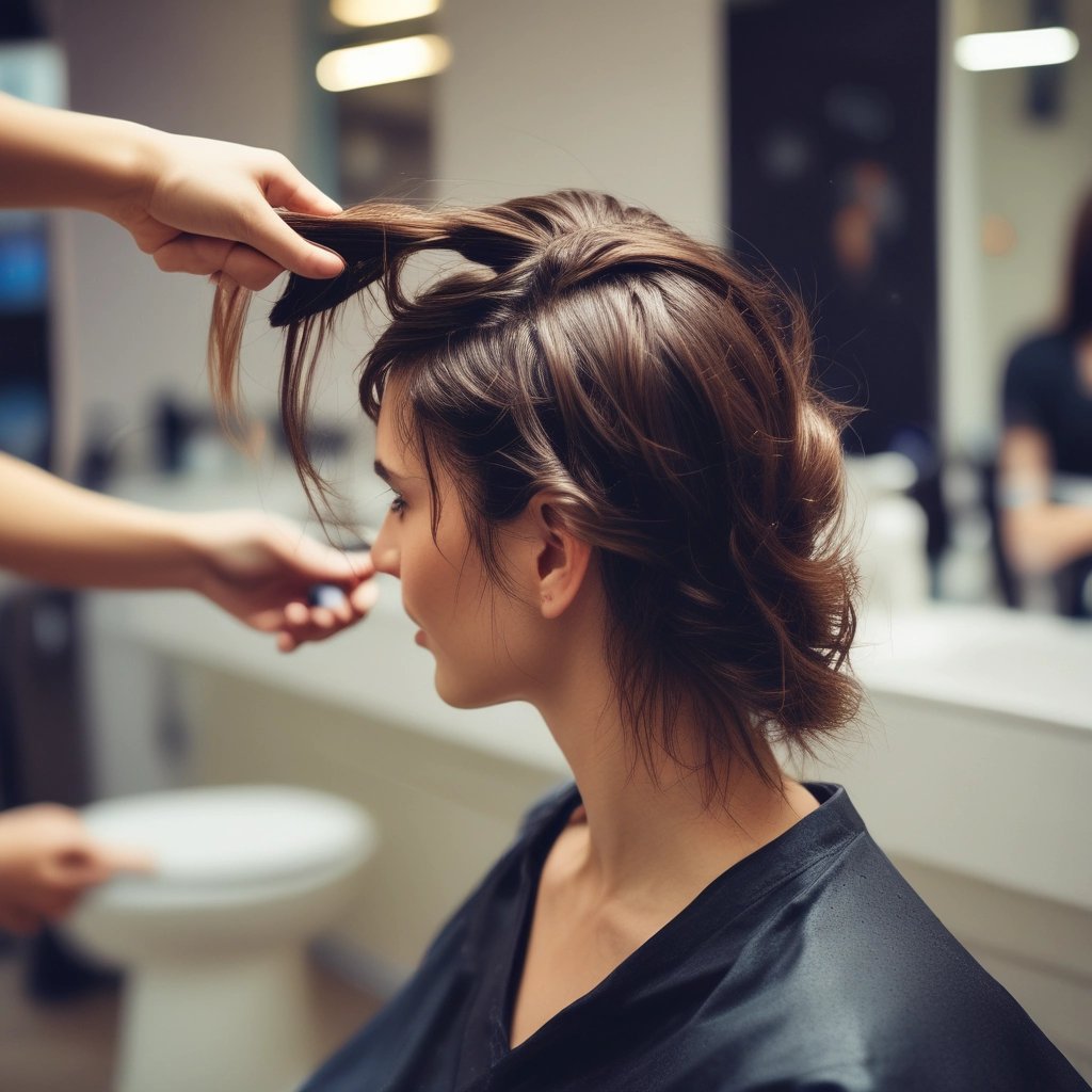 A person sits in a salon chair under a hair drying machine, with their hair wrapped in foil. The setting appears modern, with various hair products visible on a countertop. The lighting is soft and focused, enhancing the black-and-white aesthetic of the image.