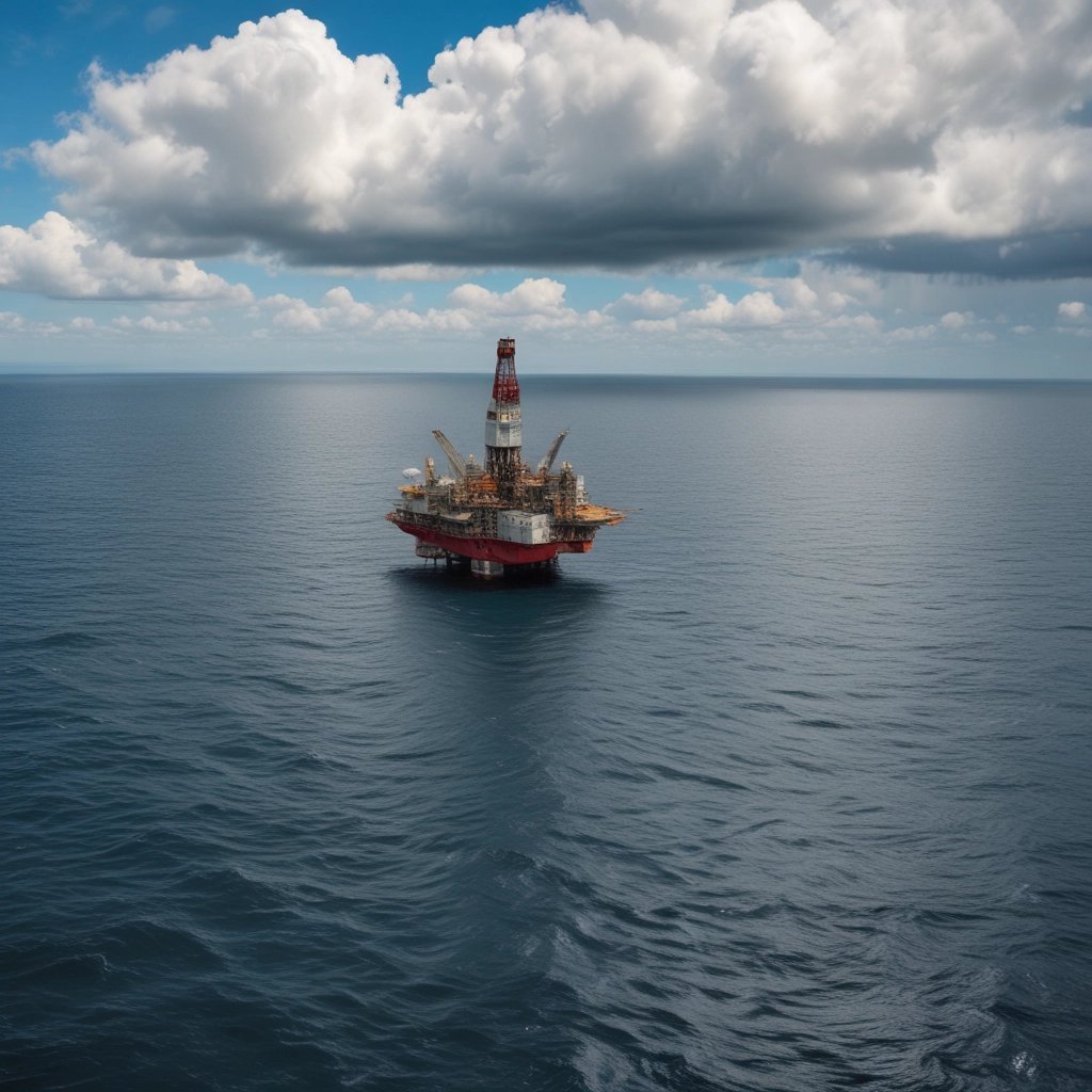 An offshore oil drilling platform is situated in the middle of a large expanse of blue ocean, under a sky scattered with fluffy clouds. A smaller boat or ship is seen moving away from the platform, leaving a trail in the water.